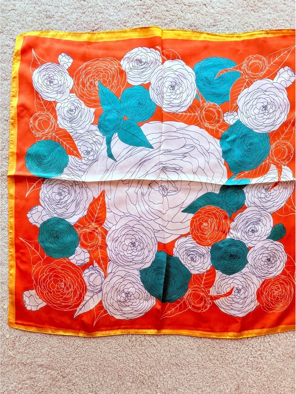 Orange Floral Scarf with Green and White Rose Pattern